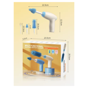 Limpiador eléctrico de botellas blanco con cepillo rotatorio azul, dimensiones 23,5 cm por 12,5 cm, incluye accesorios intercambiables y caja de presentación.