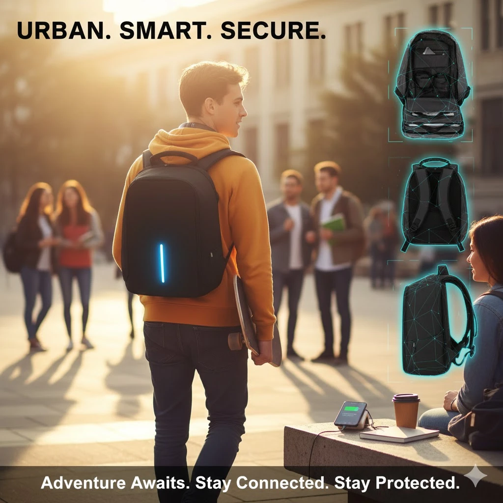 Mochila negra con luz LED lateral, vista trasera en calle urbana. Incluye detalles reflectantes y compartimento acolchado para equipo.