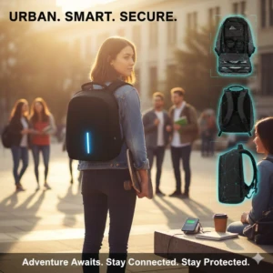 Mochila negra con luz LED vertical en la espalda, vista trasera de mujer caminando en ciudad. Incluye tres vistas adicionales del producto: frontal, trasera y lateral.