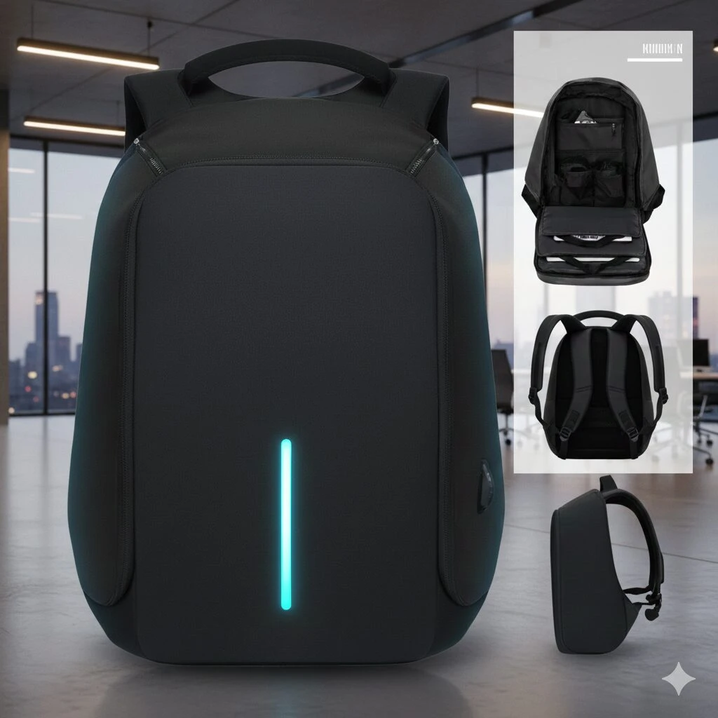 Mochila Neotech A108 negra con tira reflectante vertical azul, vista frontal y detalles de interior, espalda y lateral.