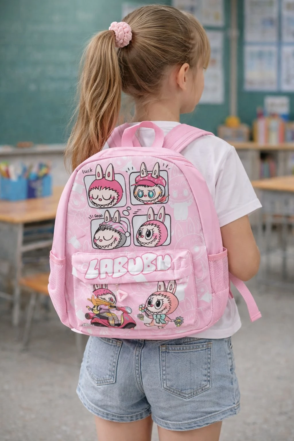 Mochila escolar infantil rosa con estampado de personajes Labubu, vista posterior en aula.