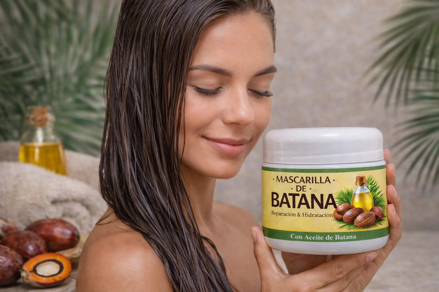 Mujer con cabello mojado sostiene jarra blanca de mascarilla Batana Oil, con etiqueta verde y frutos de batana visibles. Fondo con palmeras y aceite en vidrio.
