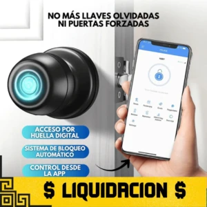 Chapa de seguridad biométrica negra con luz azul, montada en puerta blanca. Control remoto vía app en smartphone. Texto promocional en español y etiqueta amarilla con símbolo de liquidación.