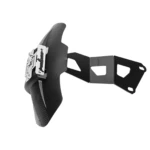Monobrazo trasero de acero inoxidable mate, con soporte metálico negro y detalles en plata, diseñado para proteger rueda y pintura de lodo y agua.