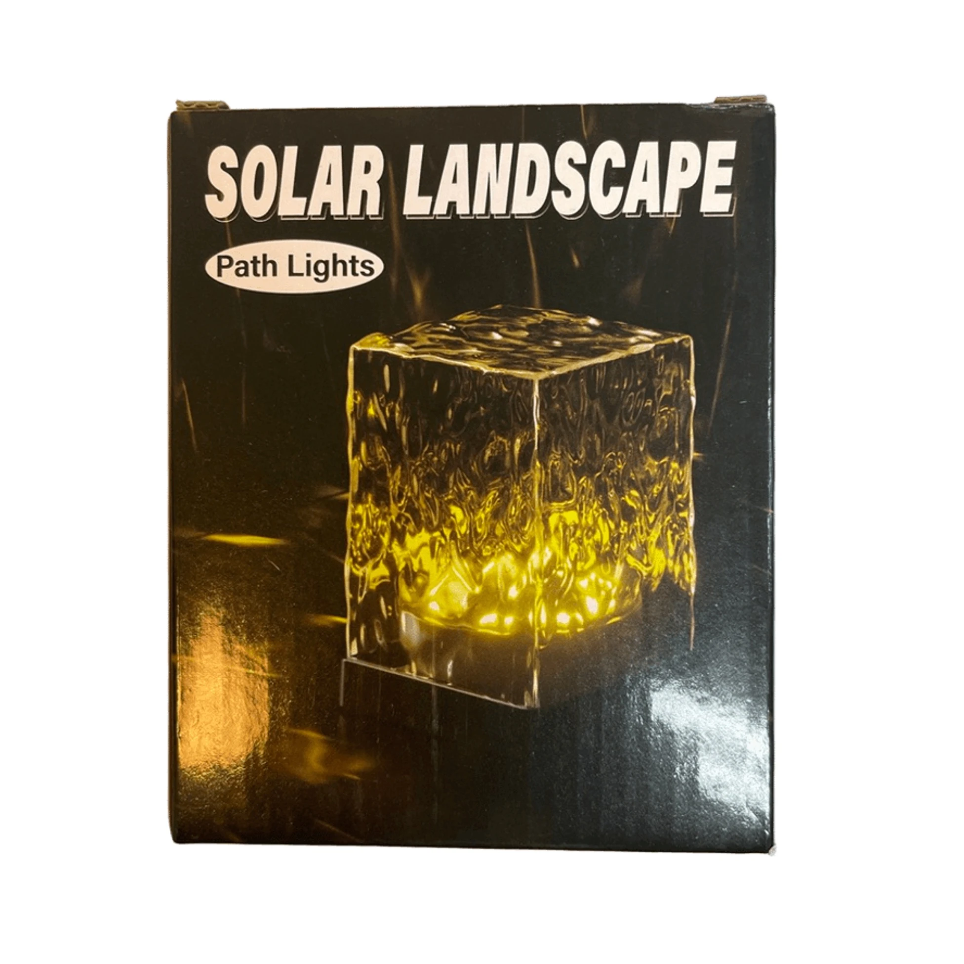 Cubo de hielo solar encendido, empaque negro con texto blanco y etiqueta Path Lights.