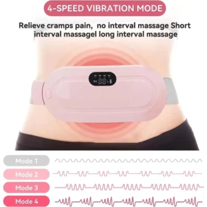 Cinturón de masaje térmico rosa con panel digital, en uso sobre abdomen. Muestra cuatro modos de vibración con ondas gráficas.