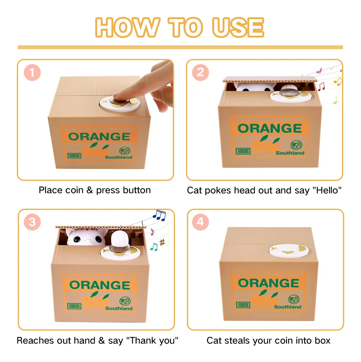 Alcancía interactiva gatito con voz y movimiento, caja de cartón marrón con diseño naranja y texto ORANGE, muestra pasos de uso: colocar moneda, gatito sale, saluda y devuelve moneda.