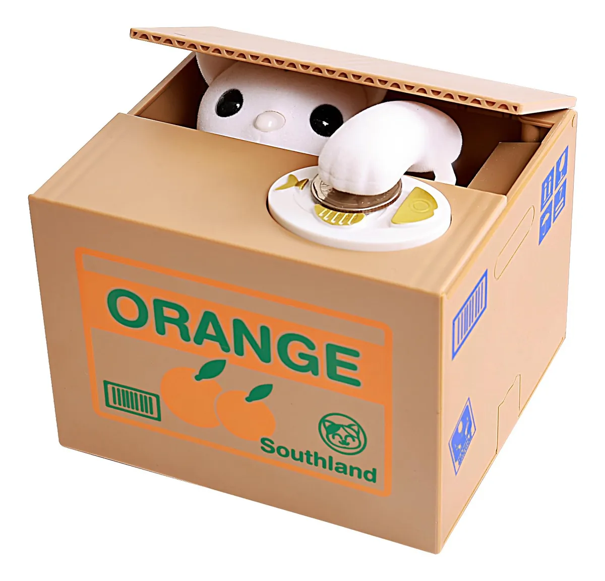 Alcancía interactiva gatito blanco dentro de caja de cartón marrón con etiqueta naranja que dice Orange Southland.