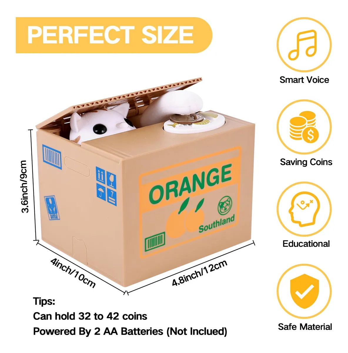 Alcancía interactiva en forma de caja de cartón marrón con gatito blanco asomando por la tapa, dimensiones 4.8x3.6x4 pulgadas, incluye función de voz y ahorro de monedas.