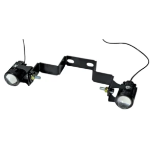 Soporte de luces auxiliares para horquilla Honda MT 15, en acero inoxidable negro, con dos focos frontales y cables visibles.