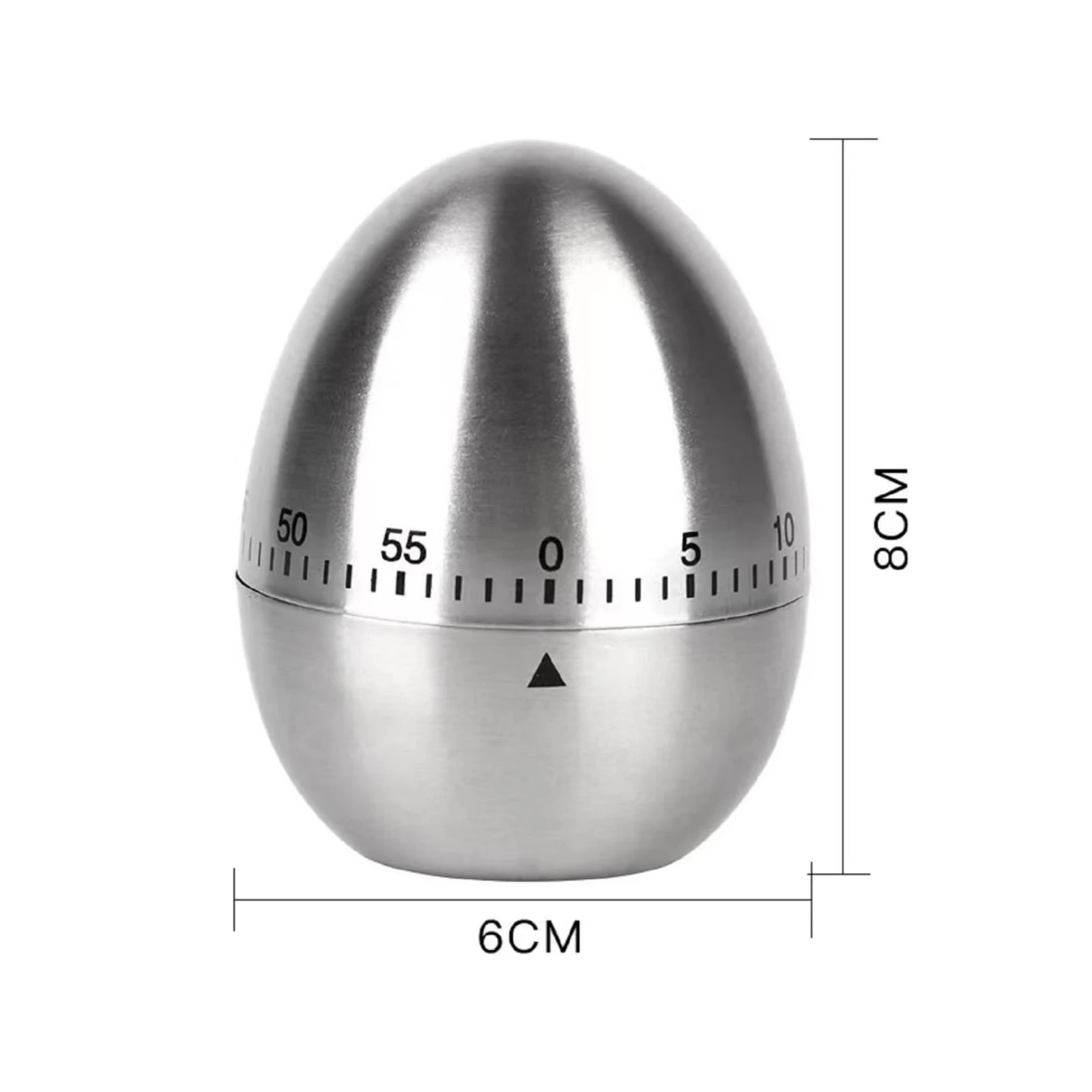 Temporizador de cocina en acero inoxidable, forma de huevo, con dial numérico de 0 a 55 minutos y flecha indicadora; mide 8 cm de alto por 6 cm de ancho.