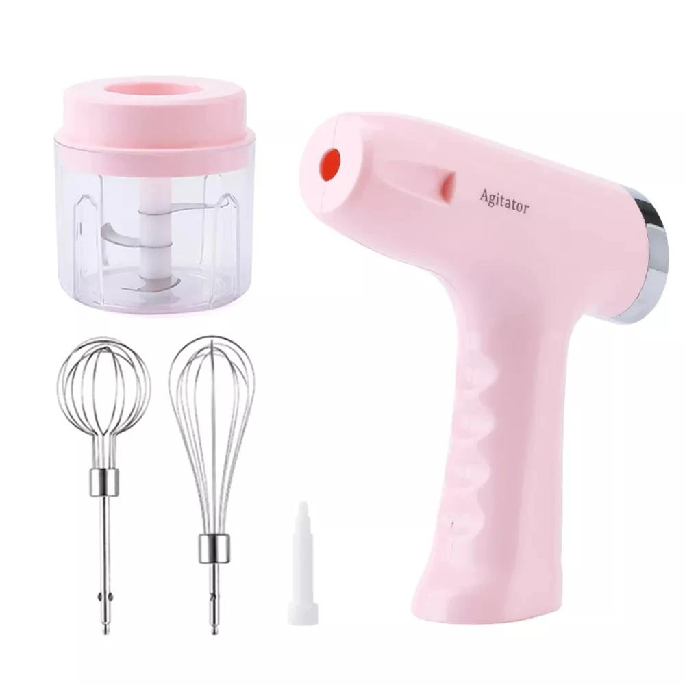 Picadora eléctrica rosa con accesorios: vaso de 250 ml, batidor de alambre, varilla y punta de silicona. Diseño ergonómico con mango texturizado.