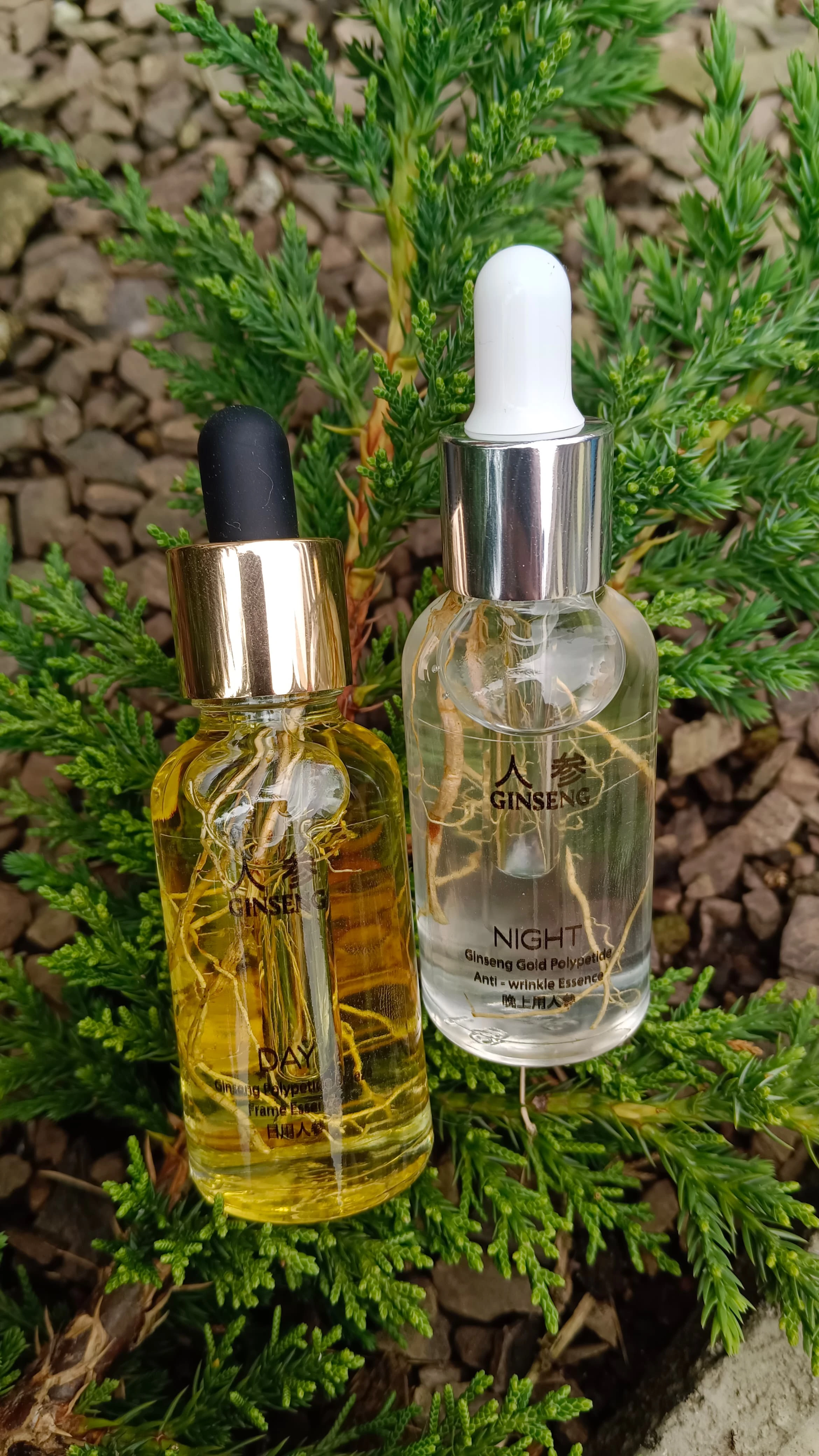 Dos frascos de sérum con gotero, uno dorado y otro transparente, sobre ramas verdes. Etiquetas visibles: "Día" y "Noche".