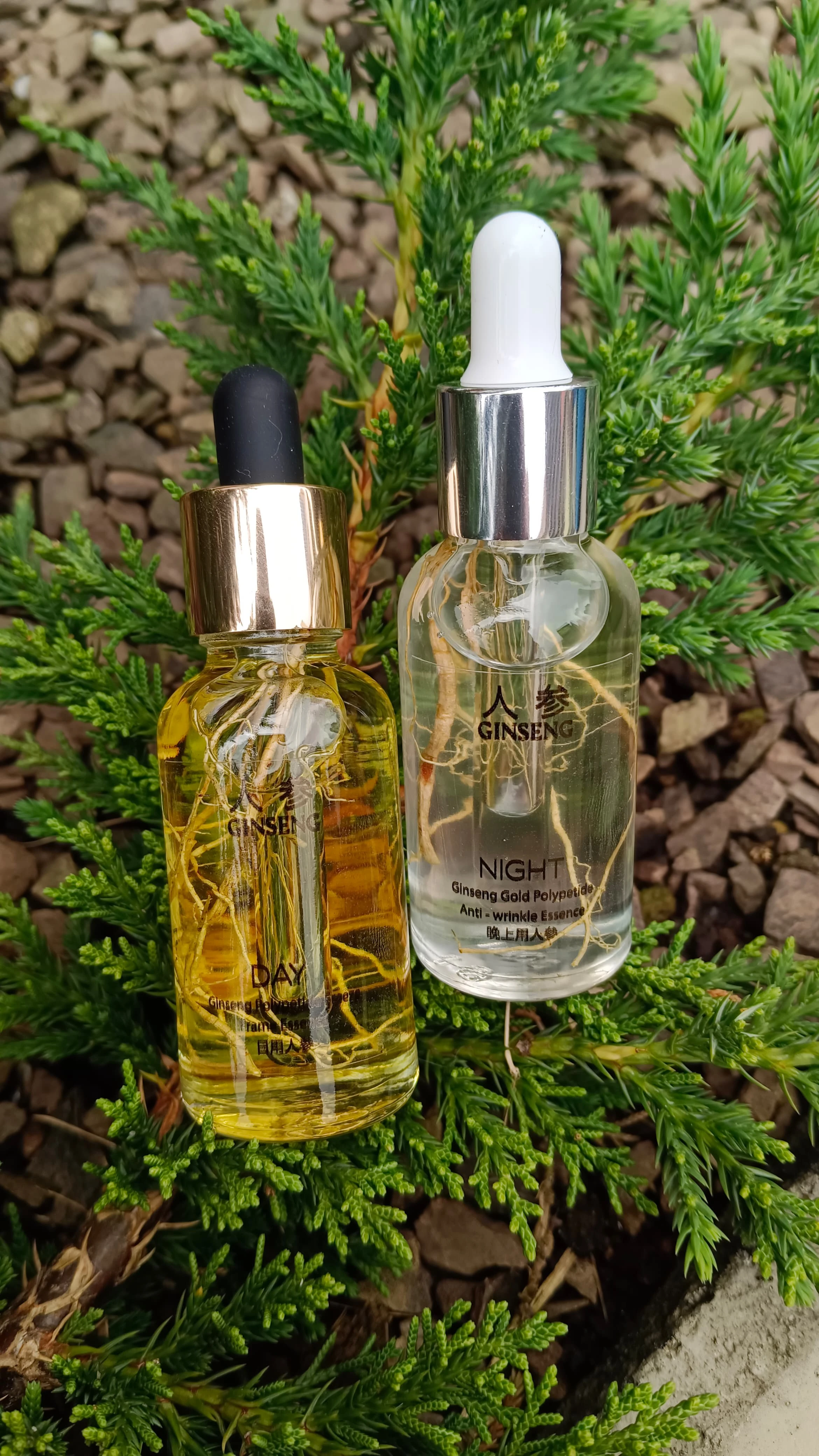 Dos frascos de vidrio con gotero: uno con sérum amarillo etiquetado como Día, otro transparente con sérum claro etiquetado como Noche, ambos sobre follaje verde.