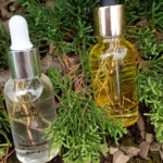 Dos frascos de sérum con gotero, uno transparente y otro ámbar, con extracto de raíz de ginseng visible, sobre musgo y piedras.