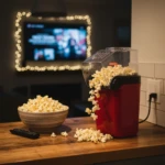 Crispetera mini eléctrica roja sobre mesa de madera, con palomitas cayendo de su salida y una cuenca llena al lado; fondo con TV encendida y luces decorativas.