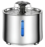 Fuente de agua automática para mascotas en acero inoxidable con indicador de nivel azul y sistema de flujo central.