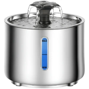 Fuente de agua automática para mascotas en acero inoxidable con indicador de nivel azul y sistema de flujo central.