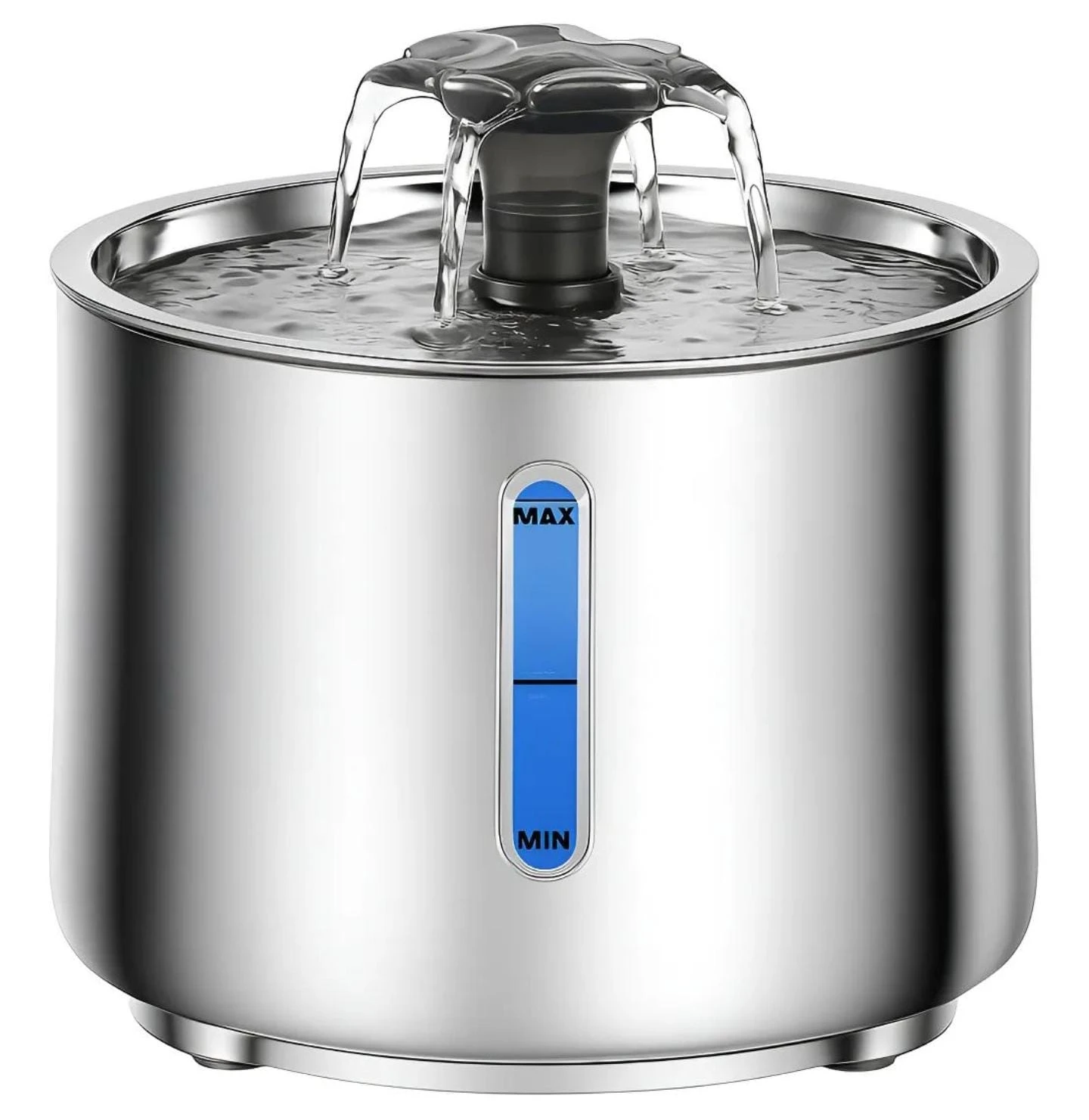 Fuente de agua automática para mascotas en acero inoxidable con indicador de nivel azul y sistema de flujo central.