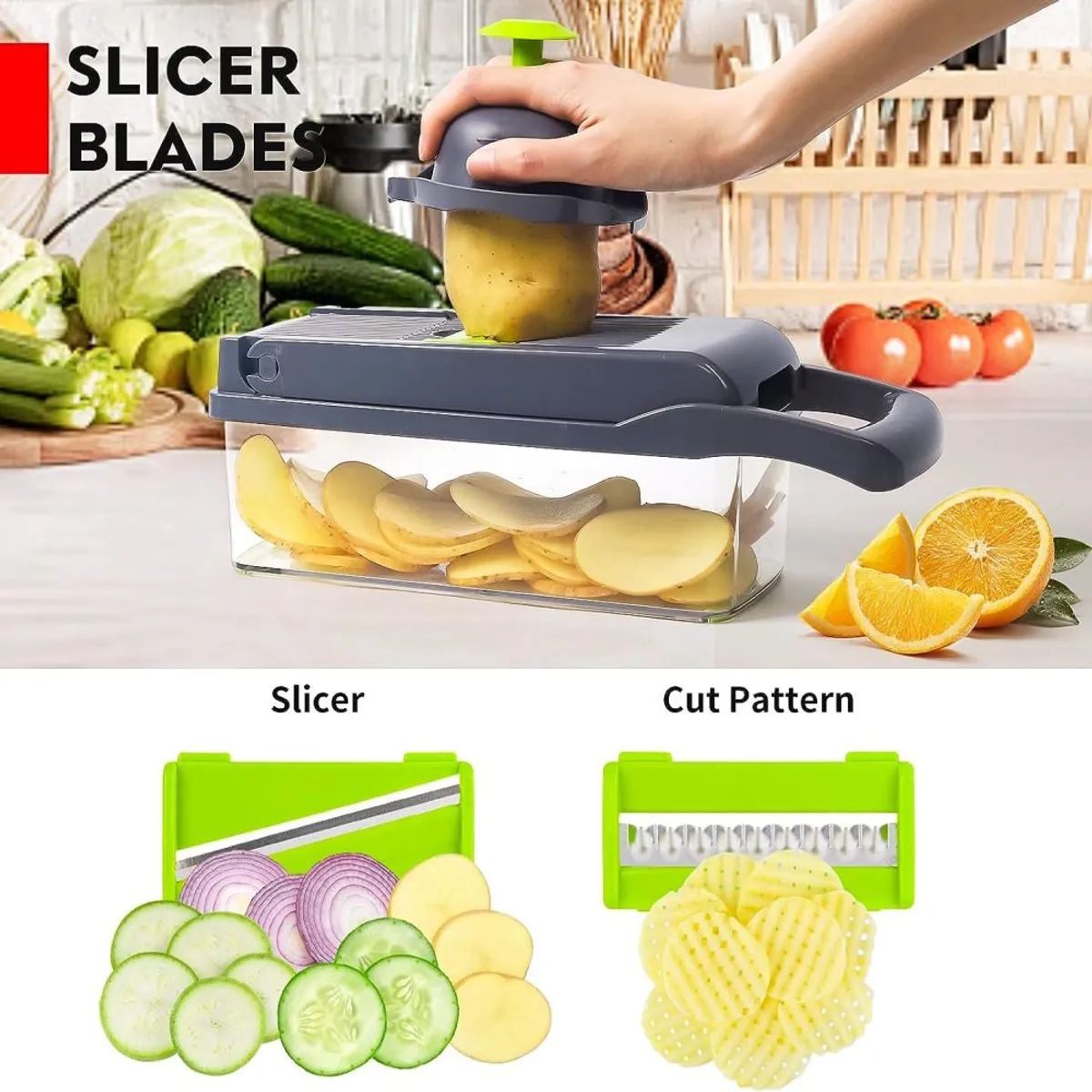 Multicortador de vegetales en color gris con contenedor transparente, mostrando rodajas de papa y cebolla. Incluye accesorios para cortar en juliana y patatas fritas.