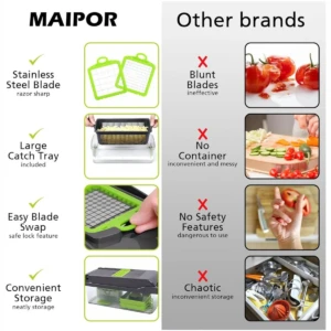 Multicortador de vegetales MAIPOR con contenedor integrado, cuchillas de acero inoxidable y sistema de bloqueo seguro.