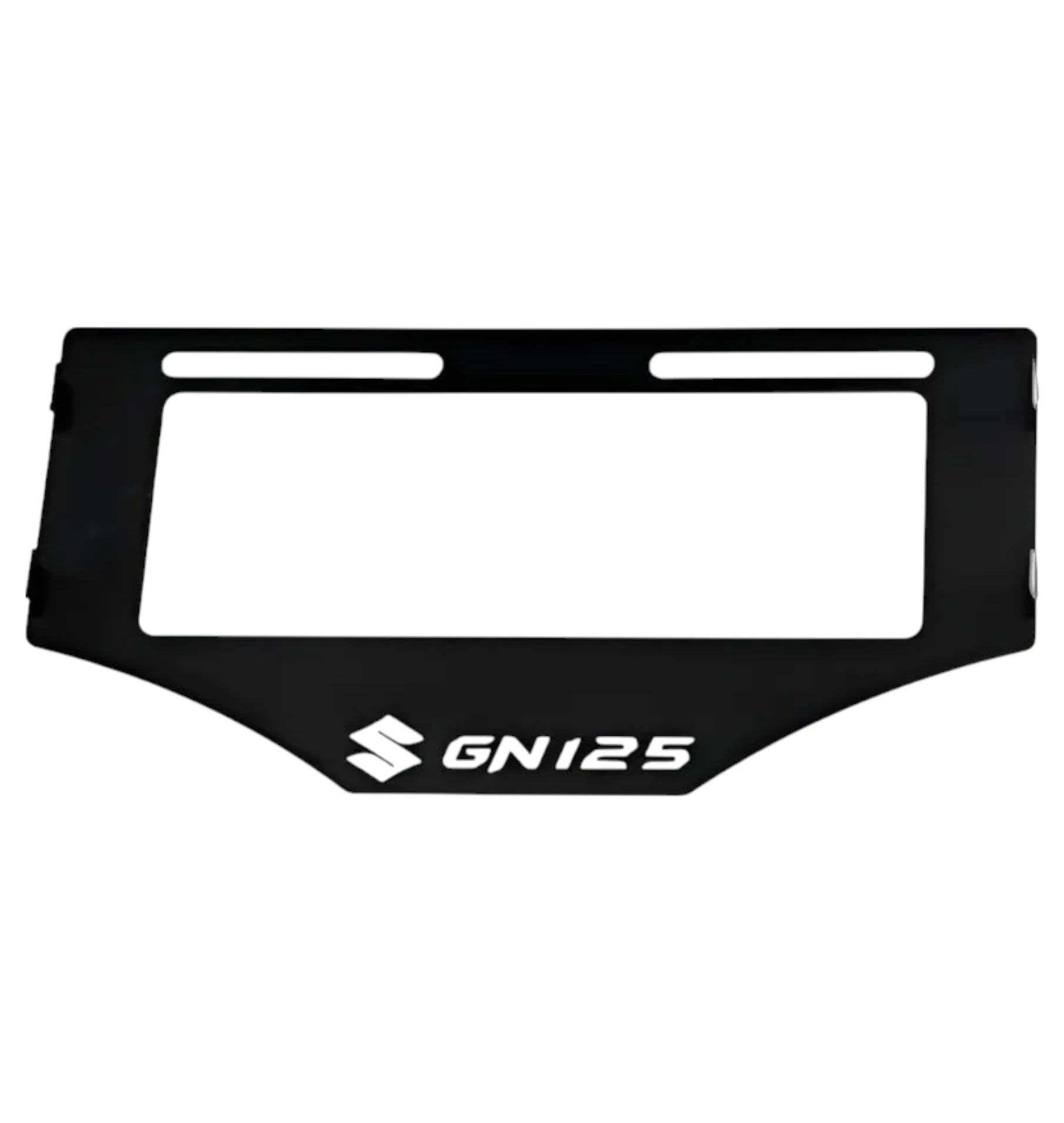 Porta placa de acero inoxidable para Suzuki GN 125, color negro mate con logotipo blanco y diseño reforzado.