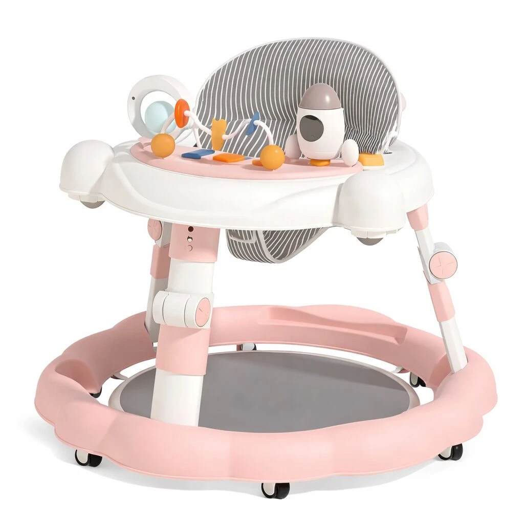 Caminador musical para bebé en color rosa con asiento gris a rayas, base circular con ruedas y juguetes didácticos en la barra superior.
