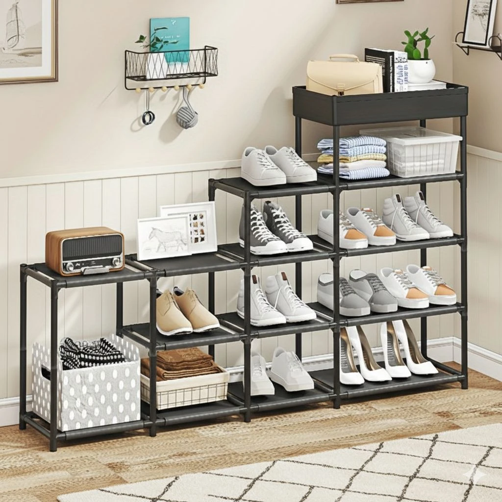 Zapatera organizadora de metal negro con cinco niveles, mostrando zapatos, cajas y accesorios en interior con pared blanca y suelo de madera.