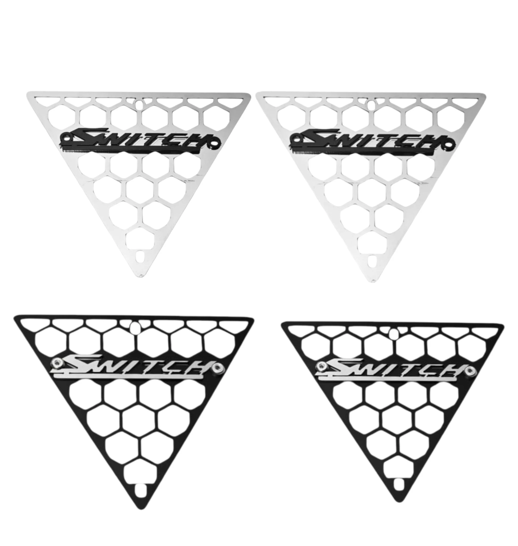 Cuatro mallas laterales Victory Switch Par 3D en acero inoxidable, dos en acabado plateado y dos en negro, con diseño triangular y patrón hexagonal.