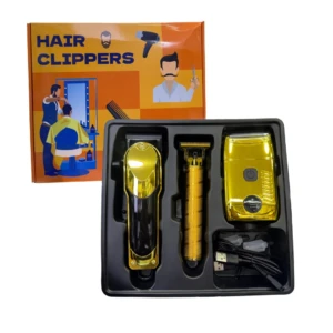 Kit de barbería en caja negra con tres herramientas doradas: cortapelo, recortador y afeitador, junto con accesorios y cable USB.