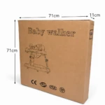 Caja de cartón marrón con medidas 71 cm de alto y 71 cm de ancho, mostrando del caminador musical interactivo con juguetes didácticos.