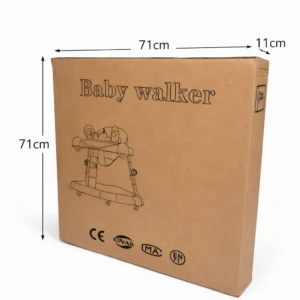 Caja de cartón marrón con medidas 71 cm de alto y 71 cm de ancho, mostrando del caminador musical interactivo con juguetes didácticos.