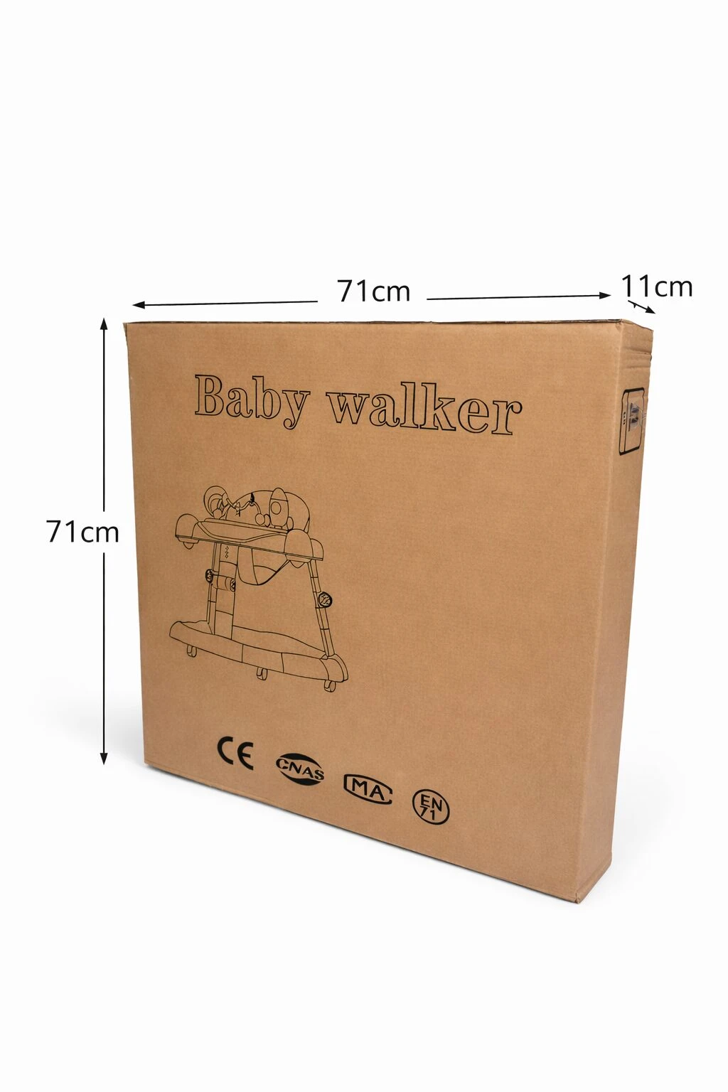 Caja de cartón marrón con medidas 71 cm de alto y 71 cm de ancho, mostrando del caminador musical interactivo con juguetes didácticos.