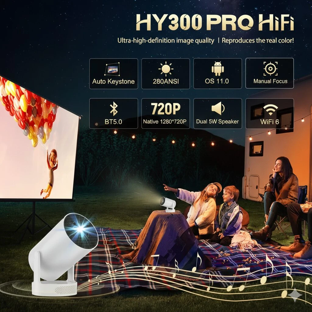 Proyector Smart HY300 con rotación 180 grados y resolución 1080P - Transforma cualquier espacio en cine privado con proyección de hasta 150 pulgadas