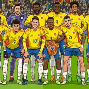Rompecabezas de plantilla de fútbol en MDF con piezas láser, mostrando a la selección colombiana en uniforme amarillo y azul.