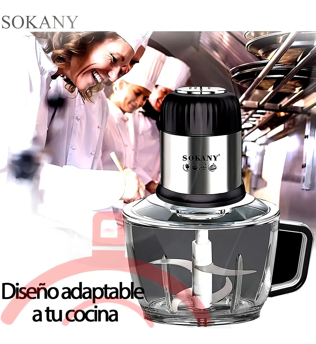 Procesador de alimentos Sokany de 2 litros, con motor de 800 W, cuerpo metálico negro y base transparente, diseñado para salsas y guarniciones.