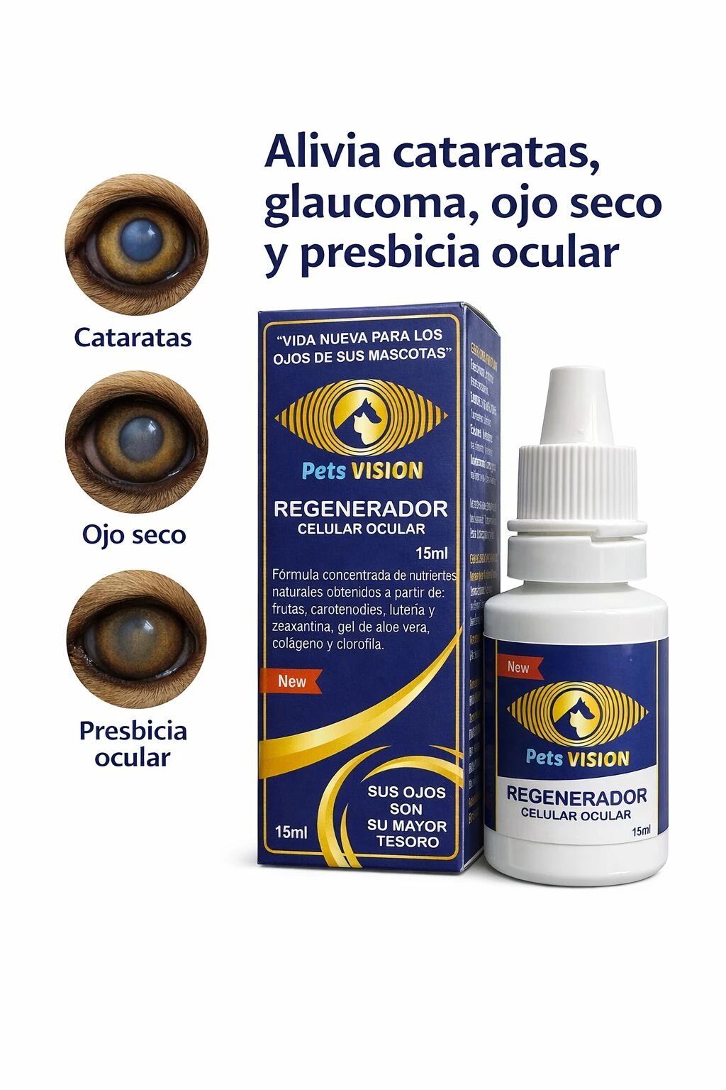 Bote de 15 ml de regenerador celular ocular para mascotas, con etiqueta azul y dorada, junto a caja y tres ojos de perro mostrando cataratas, ojo seco y presbicia.