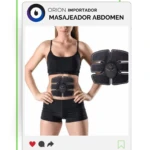 Masajeador abdominal Orion en color negro, mostrado en vista frontal con una mujer usando el dispositivo en el abdomen y una unidad adicional a su lado.