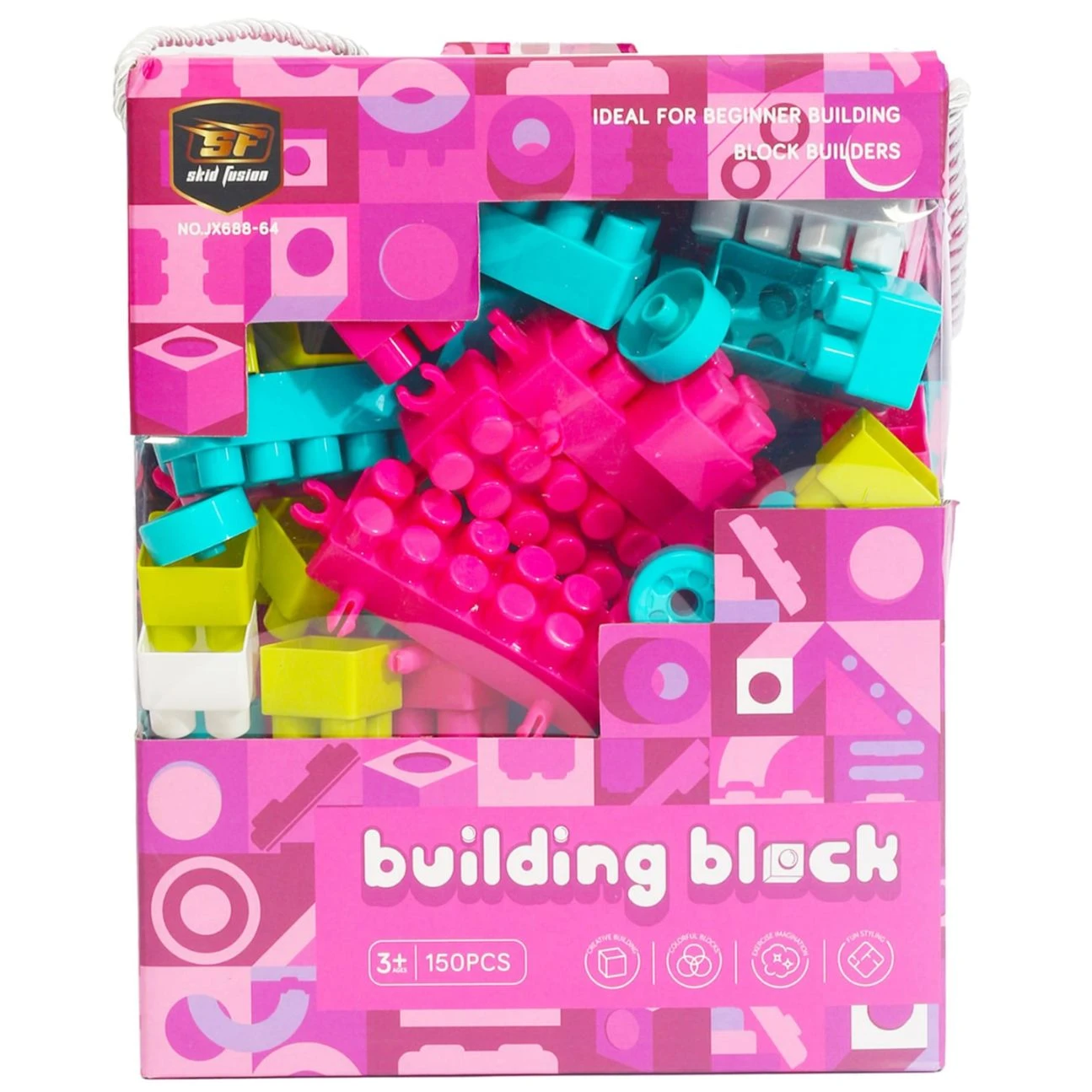 Pack de 150 bloques de construcción grandes en colores rosa, turquesa y amarillo, ideal para niños mayores de 3 años. Presentado en caja transparente con diseño vibrante.