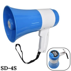 Megáfono recargable SD-4S en azul y blanco, con mango ergonómico, correa negra y panel de control visible en vista lateral.