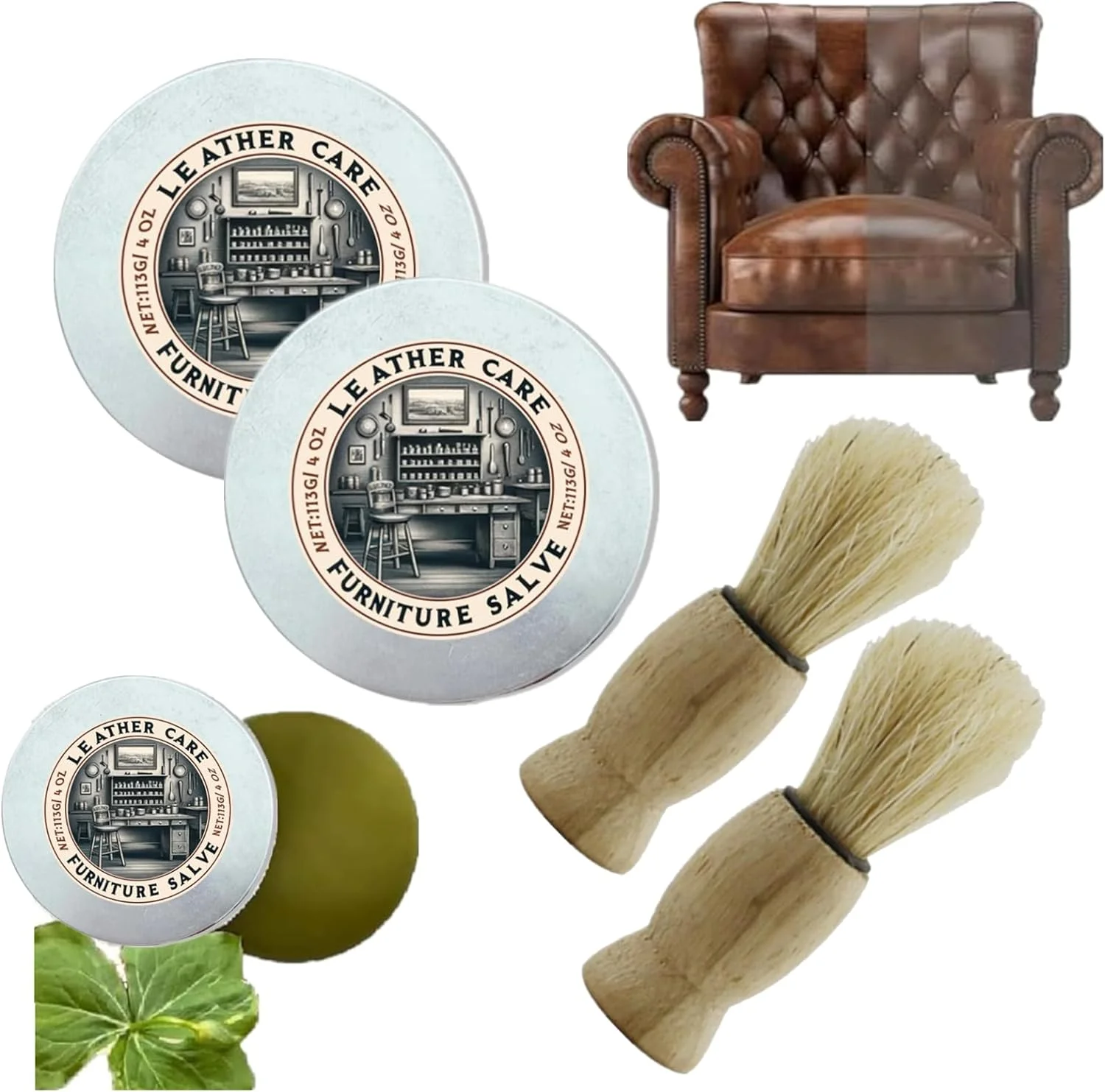Kit de cuidado para muebles de cuero y madera: tres tubos de crema restauradora, dos cepillos de cerdas naturales y una silla tapizada de cuero marrón.