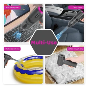 Aspiradora portátil negra con accesorios multicolores en uso: teclado, auto, anillo inflable y bolsa de vacío. Diseño compacto para limpieza en múltiples superficies.
