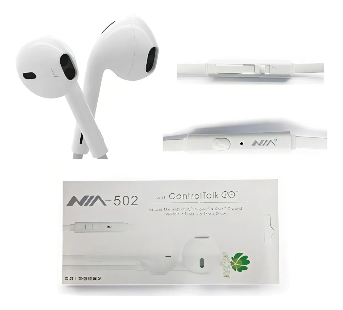 Auriculares in-ear blancos AVIA-502 con micrófono y controles táctiles, mostrados en caja y detalles de diseño.