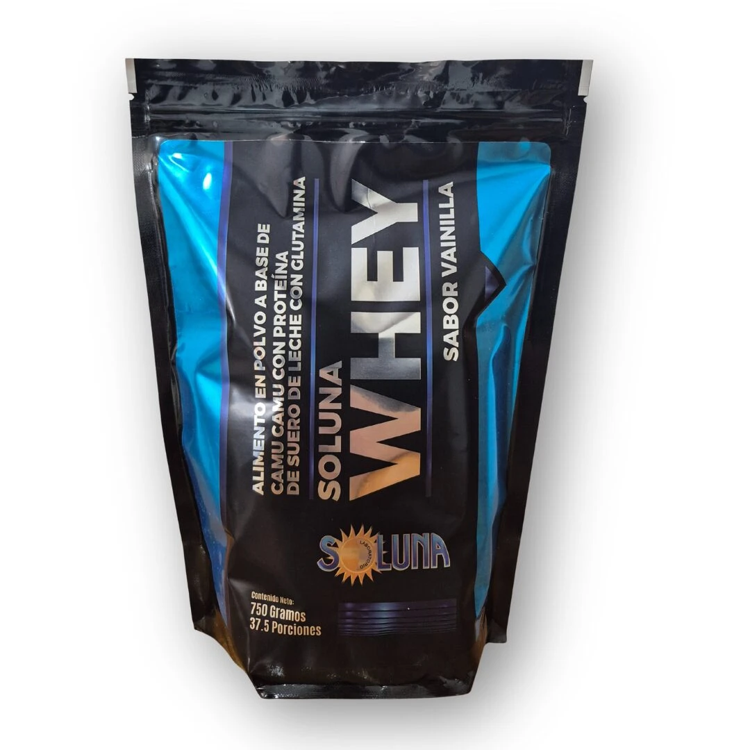 Bolsa de proteína Whey Soluna sabor vainilla, 750 gramos, con camu camu y glutamina, diseño negro y azul brillante.