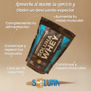 Saco de proteína whey Soluna sabor vainilla, presentación de 750g con diseño en negro y azul, texto blanco y logo dorado, acompañado de iconos circulares que destacan beneficios como construcción muscular, recuperación rápida y preparación en 30 segundos.