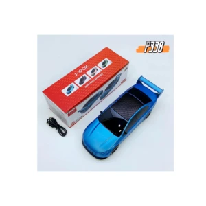 Altavoz parlante P338T en caja roja con diseño de carro deportivo azul brillante, incluye cable negro y muestra detalles del producto en la caja.