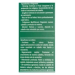 Empaque verde de tratamiento capilar con lista de ingredientes milagrosos y beneficios descritos en texto blanco.