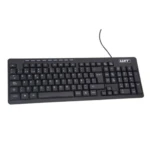 Teclado multimedia negro con cable, logotipo WIT en esquina superior derecha, teclas de control de volumen y números visibles.