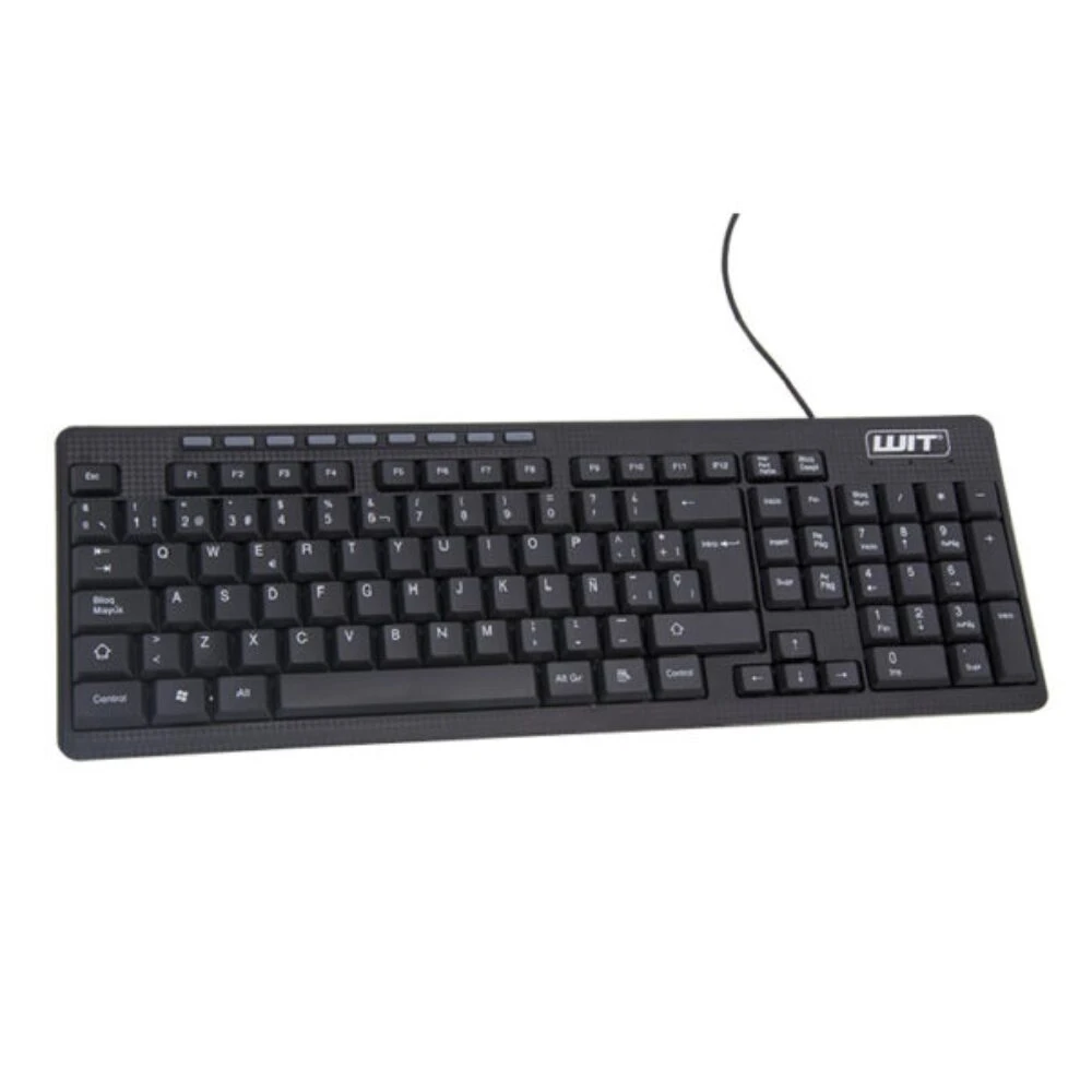 Teclado multimedia negro con cable, logotipo WIT en esquina superior derecha, teclas de control de volumen y números visibles.