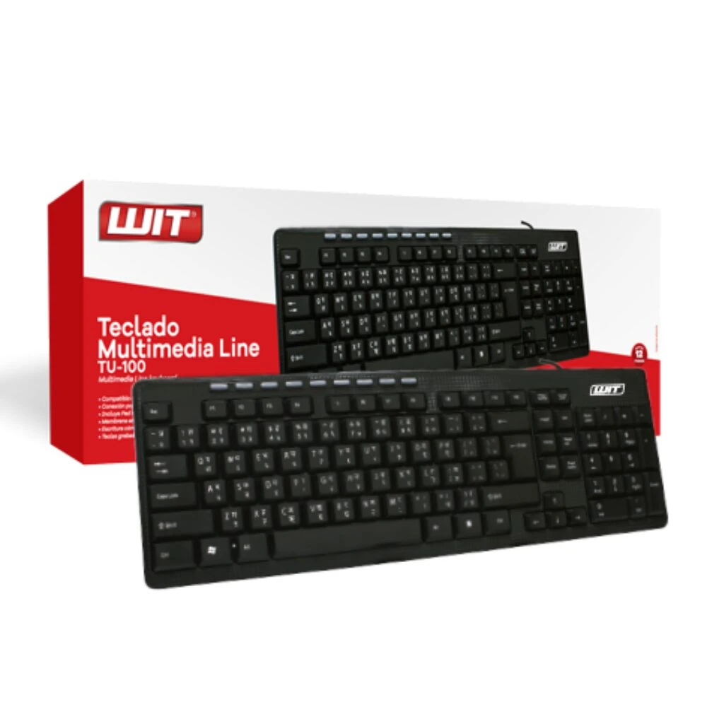 Teclado multimedia negro WIT TU-100 con control de volumen y números, acompañado de su caja roja y blanca.